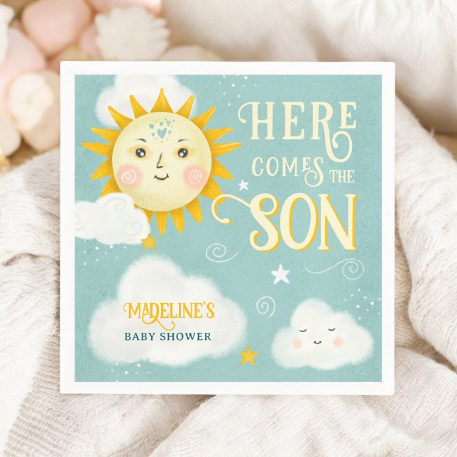 Retro whimsical Sun here comes the son baby shower Napkin (Retro whimsical Sun here comes the son baby shower Napkins)