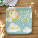 Retro whimsical Sun here comes the son baby shower Paper Plate<br><div class="desc">Introducing our adorable "Here Comes the Son" baby shower party plate. This whimsical plate features a charming hand-painted sun with a friendly face, surrounded by fluffy clouds and twinkling stars, all set against a soft sky-blue background. Perfect for adding a touch of playful delight to your baby shower. The cheerful...</div>