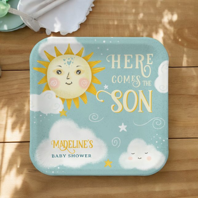 Retro whimsical Sun here comes the son baby shower Paper Plate (Retro whimsical Sun here comes the son baby shower Paper Plates)