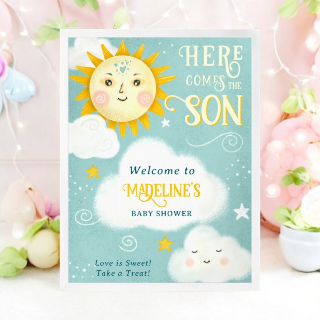 Retro whimsical Sun here comes the son baby shower Poster (Retro whimsical Sun here comes the son baby shower Poster)
