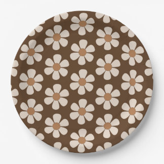 Retro White and Brown 60s Vintage Daisy Pattern Paper Plate