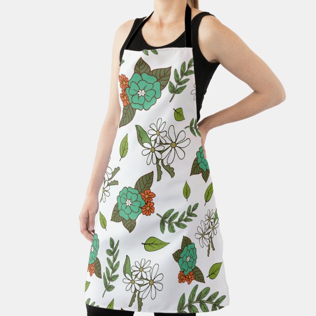 Retro White and Green Floral Apron (Insitu)