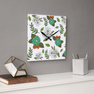 Retro White and Green Floral Square Wall Clock