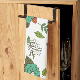 Retro White and Green Floral Tea Towel