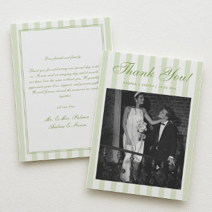 Retro White and Green Striped Wedding Photo  Thank You Card