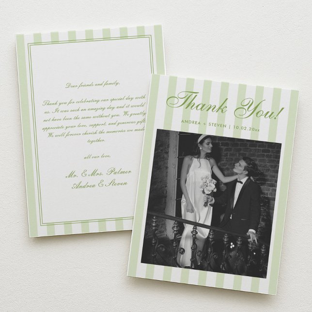 Retro White and Green Striped Wedding Photo  Thank You Card (Creator Uploaded)