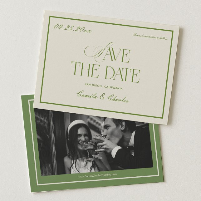 Retro White and Green Wedding Save the date Photo  Invitation (Creator Uploaded)