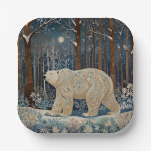 Retro white bear boho winter woodland forest paper plate