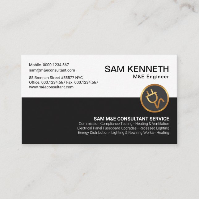 Retro White Black Column Gold Power Plug Engineer Business Card (Front)