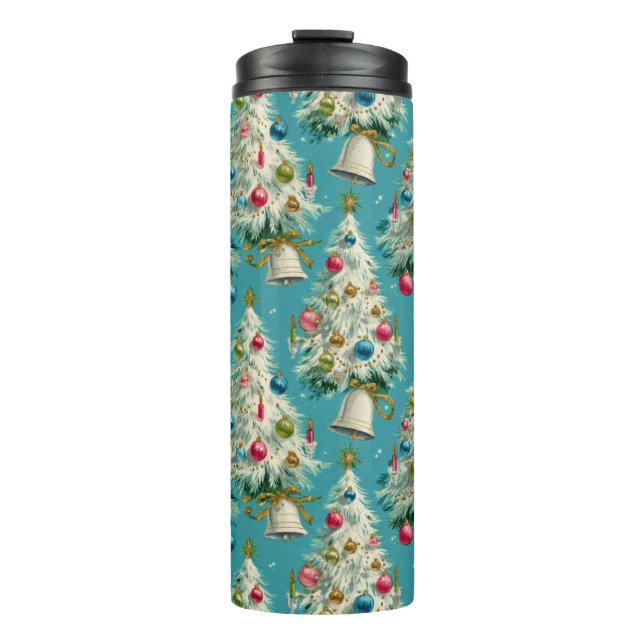 Retro White Christmas Trees Blue Thermal Tumbler (Front)
