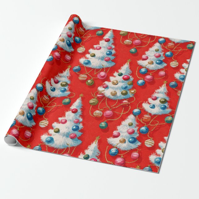 Retro White Christmas Trees Red Wrapping Paper (Unrolled)