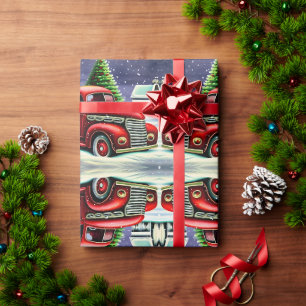 Retro White Christmas Vintage Red Truck and Trees Wrapping Paper