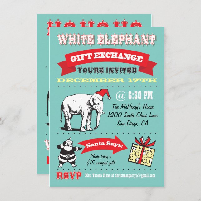 Retro White Elephant Christmas Party Invitations (Front/Back)