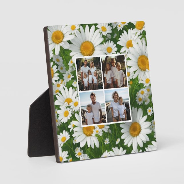 Retro white floral daisy personalise 4 photo plaque (Front)