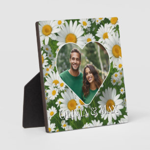 Retro white floral daisy photo heart photo plaque