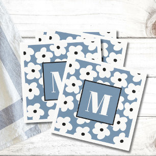 Retro White Flowers Custom Monogram Initial  Napkin
