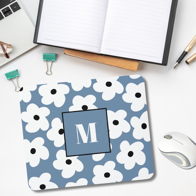 Retro White Flowers Custom Monogram  Mouse Pad (Creator Uploaded)