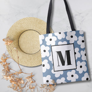 Retro White Flowers Custom Monogram  Tote Bag