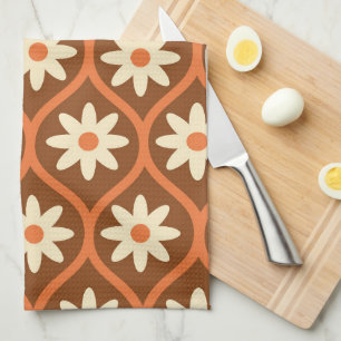 Retro White Flowers on Brown Mid Century Ogee  Tea Towel