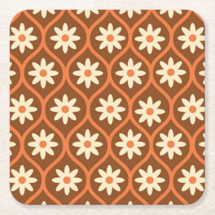 Retro White Flowers on Brown Vintage Ogee  Square Paper Coaster