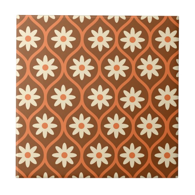 Retro White Flowers on Brown Vintage Ogee  Tile (Front)