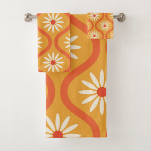 Retro White Flowers on Mid Century Orange Ogee  Bath Towel Set