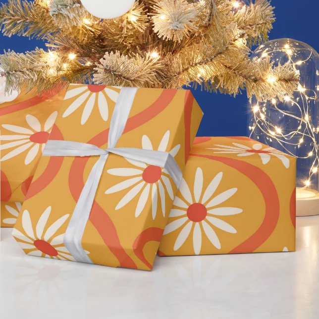 Retro White Flowers on Mid Century Orange Ogee  Wrapping Paper (Holidays)
