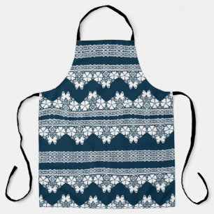 Retro white lace with butterflies on a dark blue b apron