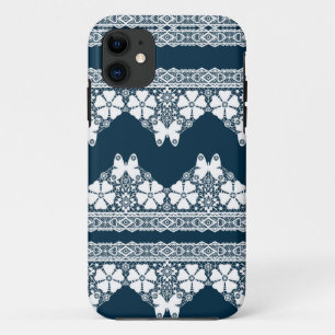 Retro white lace with butterflies on a dark blue b Case-Mate iPhone case