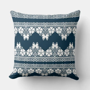 Retro white lace with butterflies on a dark blue b cushion