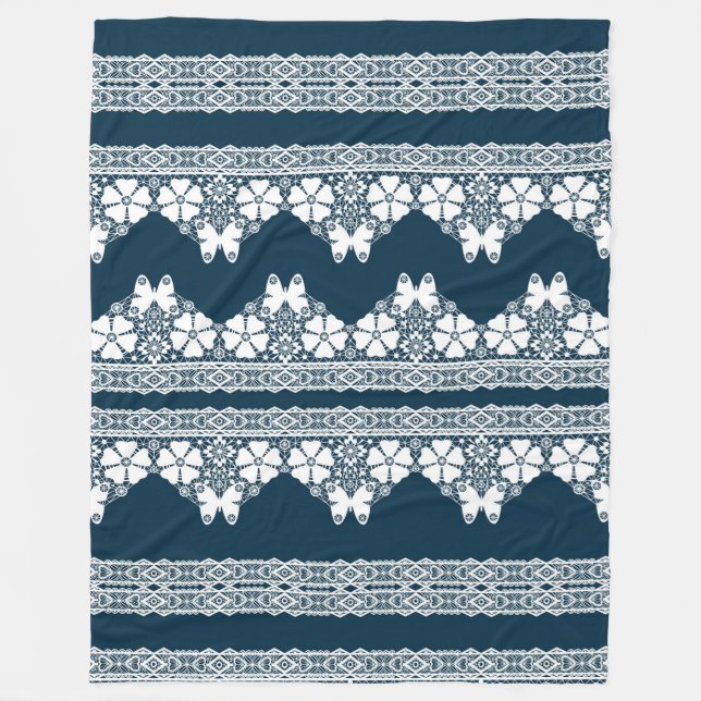 Retro white lace with butterflies on a dark blue b fleece blanket (Front)