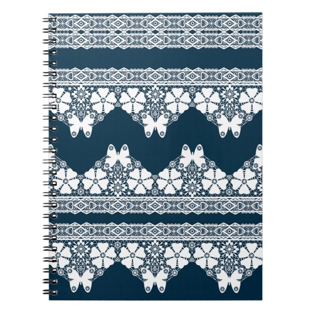 Retro white lace with butterflies on a dark blue b notebook (Front)