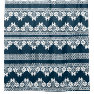 Retro white lace with butterflies on a dark blue b shower curtain