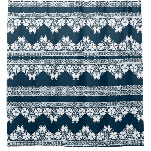 Retro white lace with butterflies on a dark blue b shower curtain (Front)