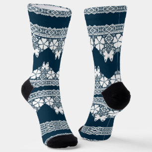 Retro white lace with butterflies on a dark blue b socks