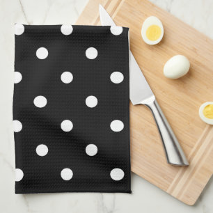 Retro White Polka Dots On Black Tea Towel