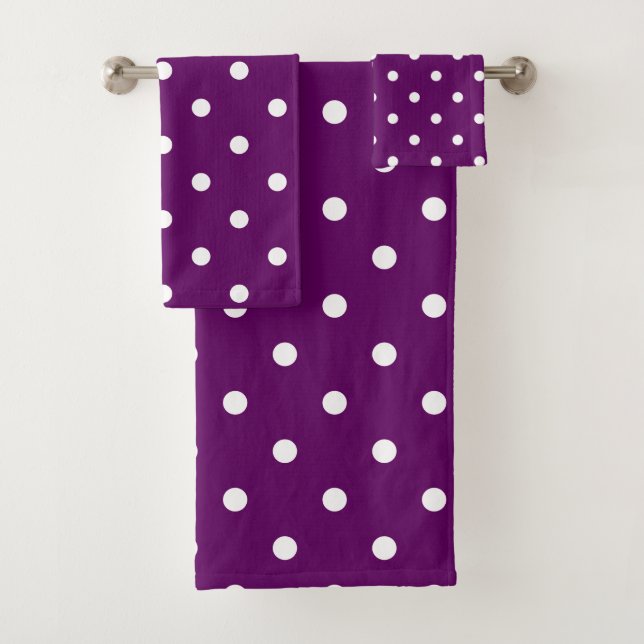 Retro White Polka Dots On Deep Purple Bath Towel Set (Insitu)