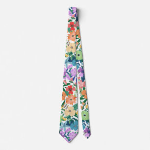 Retro White Rainbow Flowers Pattern Tie