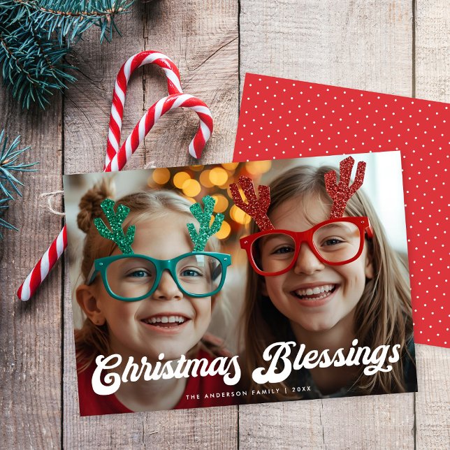 Retro White Script Christmas Blessings One Photo Holiday Card (Creator Uploaded)