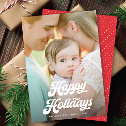 Retro White Script Happy Holidays One Photo Holiday Card