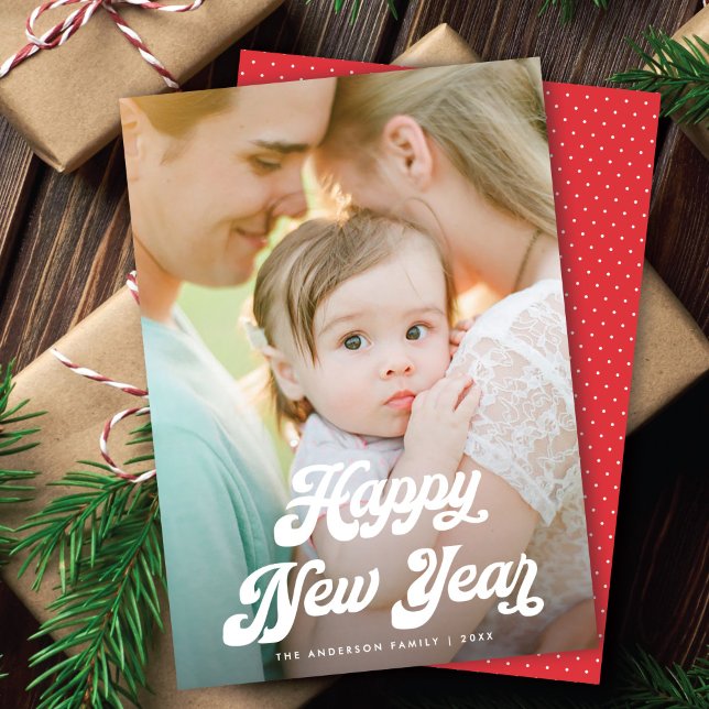 Retro White Script Happy New Year One Photo Holiday Card (Creator Uploaded)