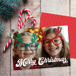 Retro White Script Merry Christmas One Photo Holiday Card