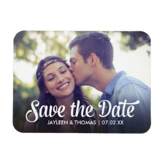 Retro White Script Save The Date Full Bleed Photo Magnet