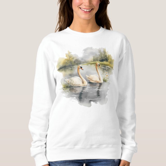 Retro White Swans Winter Lake Scene Sweatshirt (Front)