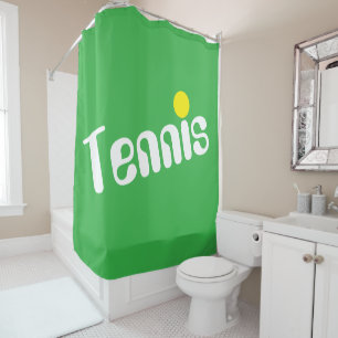 Retro White TENNIS Text Game Ball On Bright Green Shower Curtain