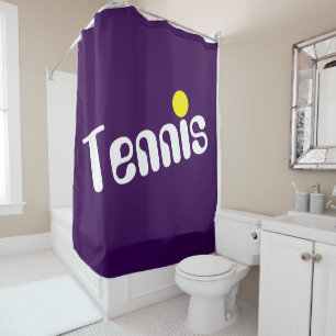 Retro White TENNIS Text Game Ball On Deep Purple Shower Curtain