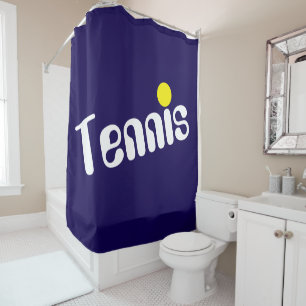Retro White TENNIS Text Game Ball On Navy Blue Shower Curtain