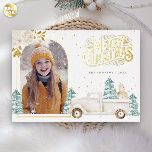 Retro White Truck Snowman Christmas Photo Gold