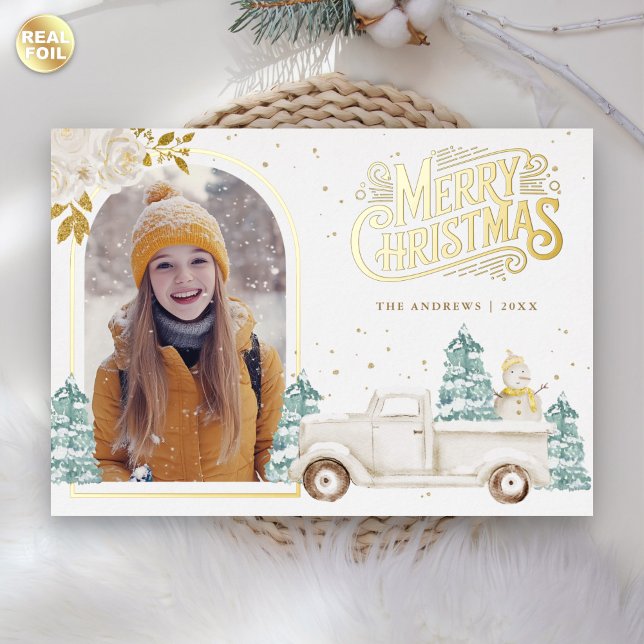 Retro White Truck Snowman Christmas Photo Gold (Creator Uploaded)