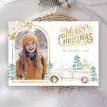 Retro White Truck Snowman Gold Christmas Photo Holiday Card<br><div class="desc">Amaze your guests with this elegant woodland theme winter Christmas card featuring a cute white truck and adorable snowman with white flowers.  Simply add your text on this easy-to-use template and adorn this card with your favourite photo to make it a one-of-a-kind holiday card.</div>